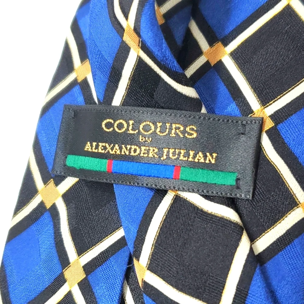 COLOURS by Alexander Julian Blue Black Geometric Silk Tie EUC